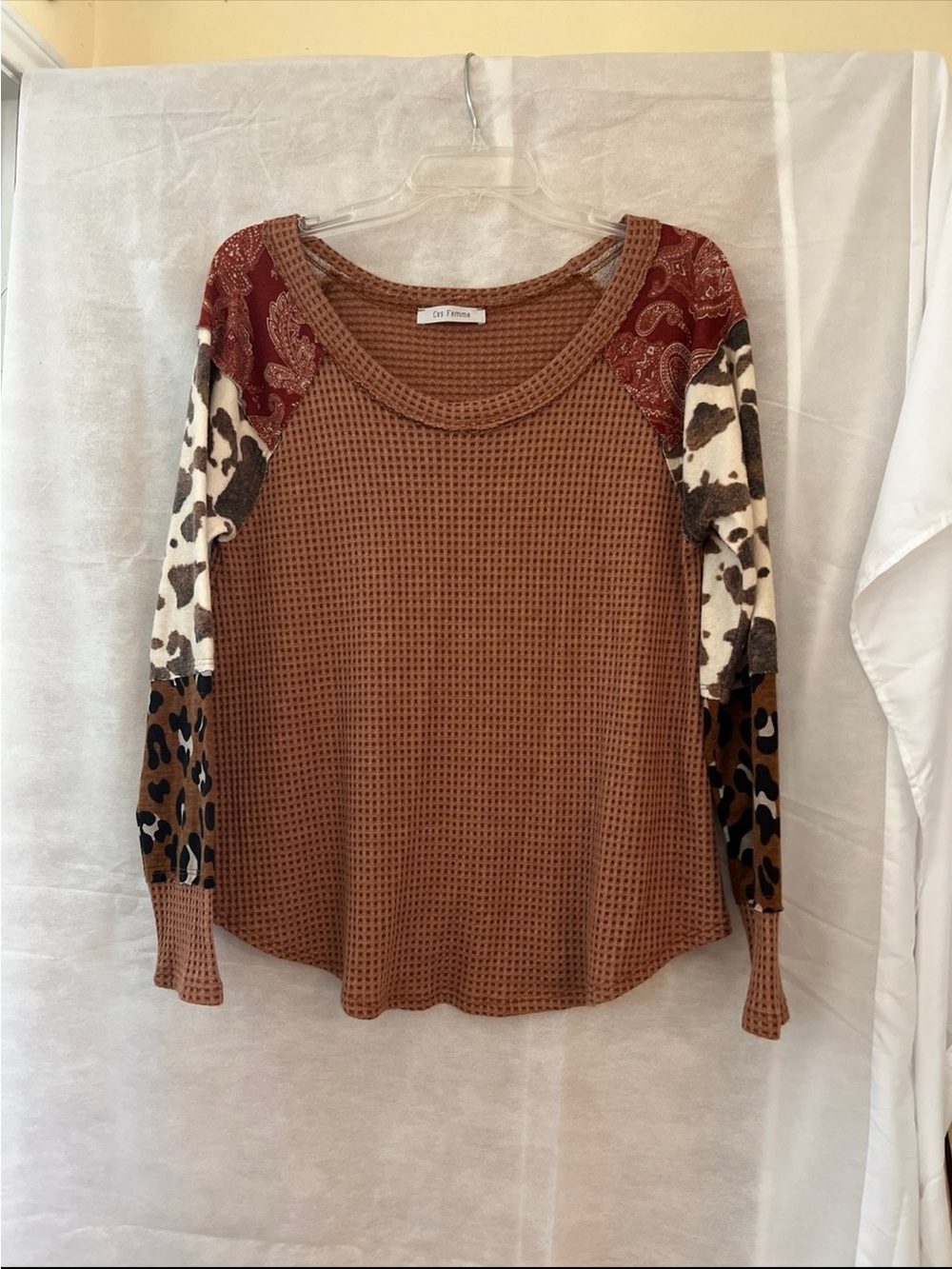 Ces Femme Rust Brown Waffle Knit Top with Mixed Animal Print Sleeves